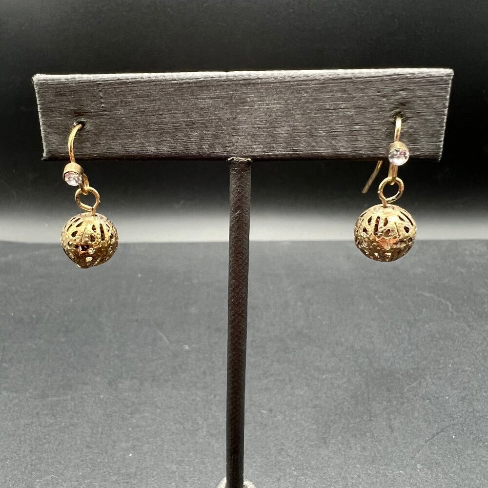 Vintage Pierced Earrings Crystal and Gold Tone Open Bead